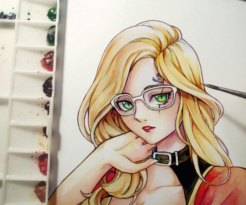 blade_&amp;_soul blonde_hair collarbone commentary_request commission glasses green_eyes highres looking_at_viewer original shibarishuu slit_pupils solo