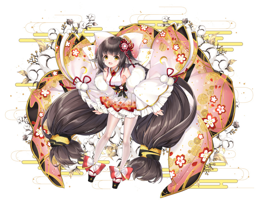 1girl :d azur_lane bare_shoulders black_footwear black_hair breasts commentary_request egasumi fang frilled_skirt frilled_sleeves frills hair_ornament harutsuki_(azur_lane) highres japanese_clothes juna kimono leaning_forward long_hair long_sleeves looking_at_viewer medium_breasts pantyhose platform_footwear pleated_skirt skirt sleeveless sleeveless_kimono sleeves_past_wrists smile solo very_long_hair white_background white_kimono white_pantyhose white_skirt