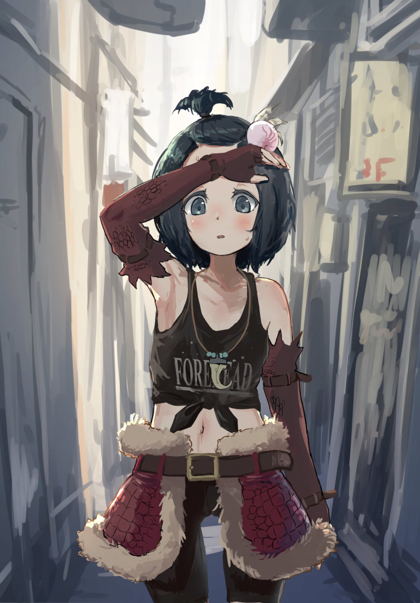 1girl ane_(kamemaru) bike_shorts black_hair blush cameltoe elbow_gloves female fingerless_gloves kamemaru midriff navel necklace original shell_hair_ornament solo thigh_gap tied_shirt topknot