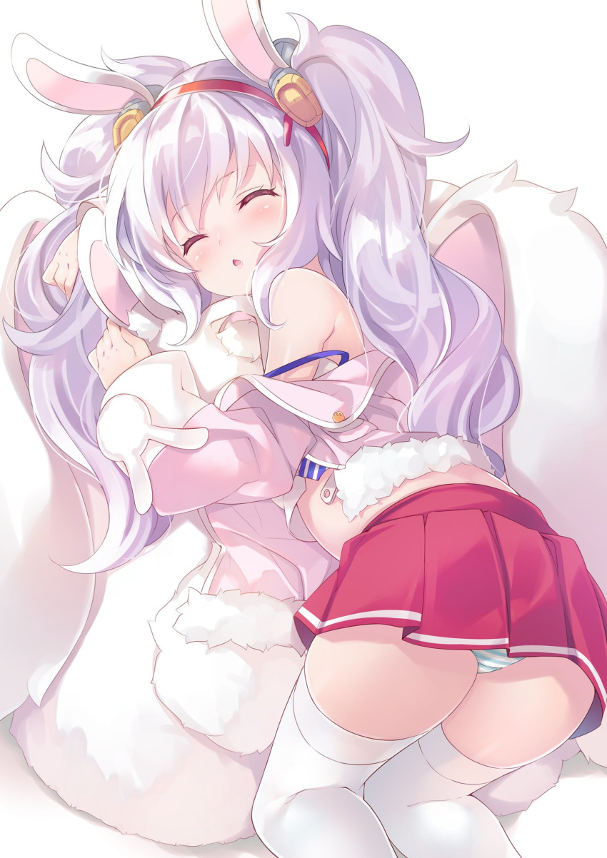 animal_ears ass azur_lane bangs bare_shoulders blue_panties blush bunny_ears camisole closed_eyes drooling eyebrows_visible_through_hair fake_animal_ears from_above fur-trimmed_jacket fur_trim hair_ornament hairband highres jacket laffey_(azur_lane) long_hair long_sleeves lying mayuzaki_yuu off_shoulder on_side open_clothes open_jacket panties pantyshot pantyshot_(lying) parted_lips pink_jacket pleated_skirt red_eyes red_hairband red_skirt saliva sidelocks silver_hair simple_background skirt sky sleeping solo spaghetti_strap strap_slip striped striped_panties thighhighs twintails underwear white_background white_camisole white_legwear