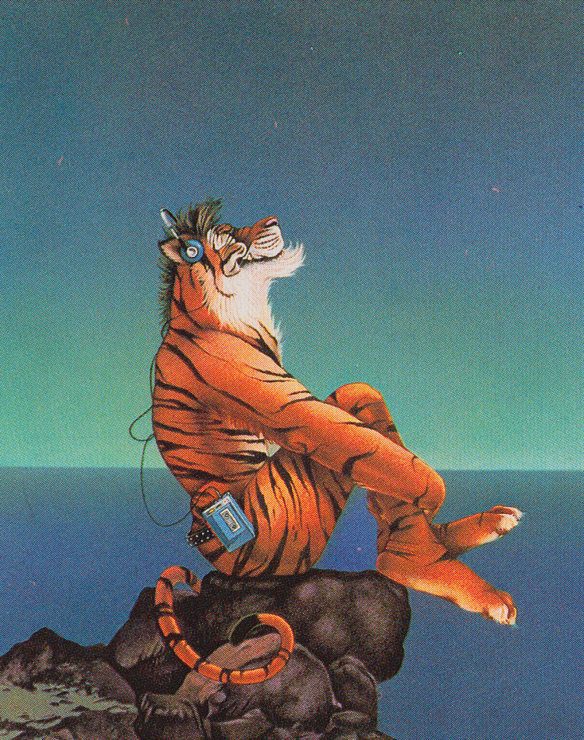 1987 anthro belt cliff david_groff fangs feline fur headphones hi_res male mammal orange_fur sea sitting solo tiger walkman water