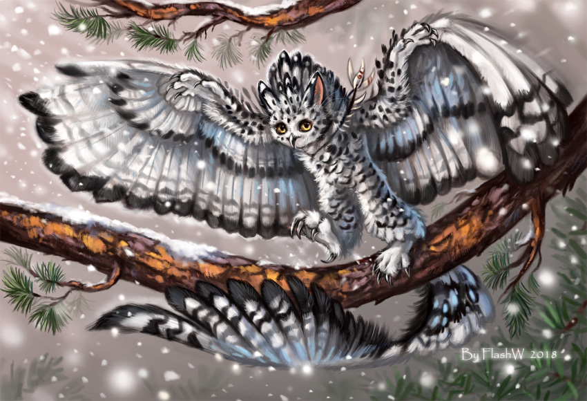 2018 ambiguous_gender avian beak bird black_beak detailed_background digital_media_(artwork) feathered_wings feathers feral flashw owl solo treebranch white_feathers wings yellow_eyes