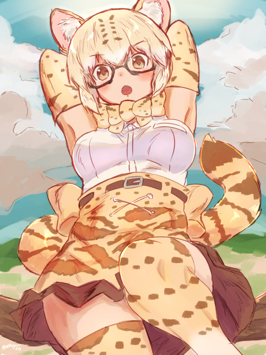 :o animal_humanoid armwear blonde_hair blush bow_tie breasts brown_hair cat_humanoid clothed clothing daiha elbow_gloves fangs feline female gloves hair humanoid inner_ear_fluff kemono_friends legwear mammal margay margay_(kemono_friends) open_mouth raised_arm shirt short_hair signature skirt solo striped_tail stripes thigh_highs