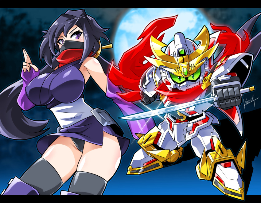 artist_name ayame_(gundam_build_divers) bangs black_hair black_legwear black_panties boots breasts chibi commentary_request covered_nipples elbow_gloves face_mask fingerless_gloves full_moon gloves green_eyes gundam gundam_build_divers hair_ornament hip_armor japanese_clothes kimono knee_boots kouichi_(kouichi-129) large_breasts long_hair looking_at_viewer low_ponytail mask mecha moon ninja ninja_mask ninjatou nt-d panties purple_eyes red_scarf rx-zeromaru scarf sd_gundam signature sleeveless split_ponytail thighhighs_under_boots underwear weapon