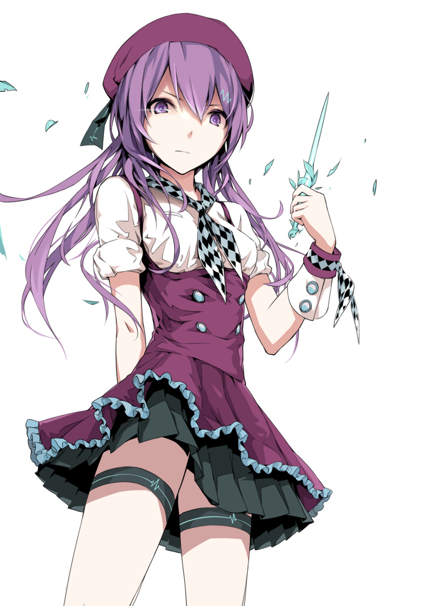 1girl beret checkered checkered_neckwear chinese_commentary commentary dagger from_below hat high-waist_skirt highres holding holding_dagger holding_weapon leg_garter long_hair looking_at_viewer neckerchief purple_eyes purple_hair short_sleeves skirt solo suspender_skirt suspenders twintails vocaloid weapon white_background wrist_cuffs xie_yizhen xin_hua