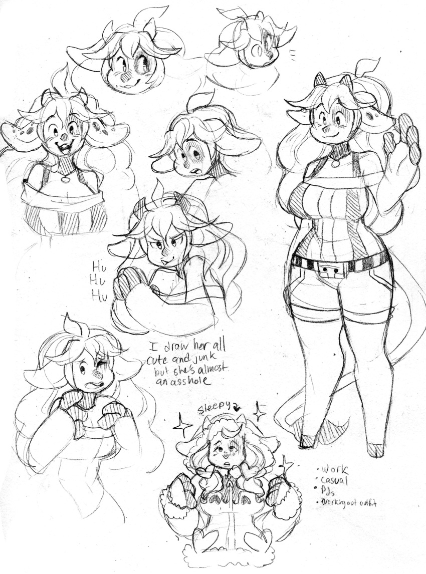 absurd_res ahoge anthro big_breasts bovine breasts cattle clothed clothing dialogue english_text female fully_clothed hair heartthrob_cafe hi_res hooves horn irootie kix_(irootie) laugh long_hair long_tail mammal simple_background sketch sketch_page text white_background