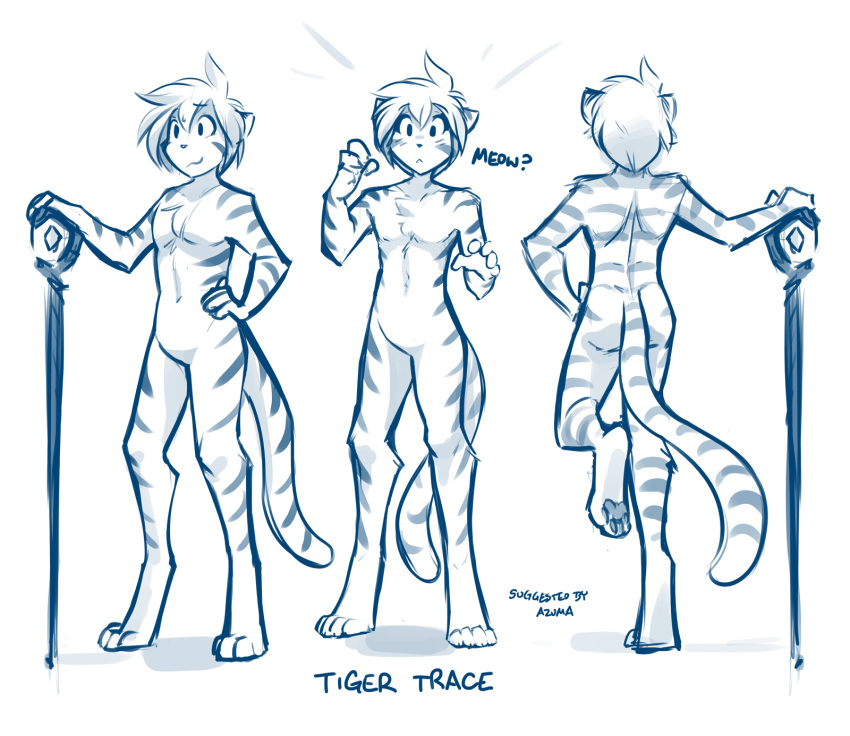 2018 alternate_species anthro blush butt casual_nudity chest_tuft confusion digitigrade featureless_crotch feline front_view fur furrification hi_res keidran male mammal model_sheet monochrome nude one_leg_up pawpads raised_leg rear_view simple_background sketch smile solo sound_effects staff striped_fur stripes tiger tiger_trace tom_fischbach trace_legacy tuft twokinds webcomic white_background