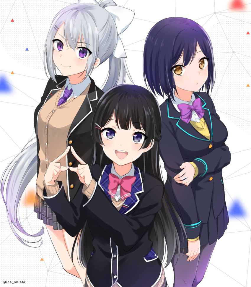 :d black_hair black_jacket blush bow bowtie brown_eyes closed_mouth collared_shirt commentary_request fingers_together grey_hair grey_skirt hair_bow hair_ornament hairclip hands_up highres higuchi_kaede ica jacket long_hair long_sleeves looking_at_viewer multiple_girls necktie nijisanji open_mouth original pantyhose pink_neckwear pleated_skirt purple_eyes purple_hair purple_legwear purple_neckwear purple_skirt round_teeth school_uniform shirt shizuka_rin short_hair skirt smile teeth tsukino_mito very_long_hair vest white_shirt wing_collar