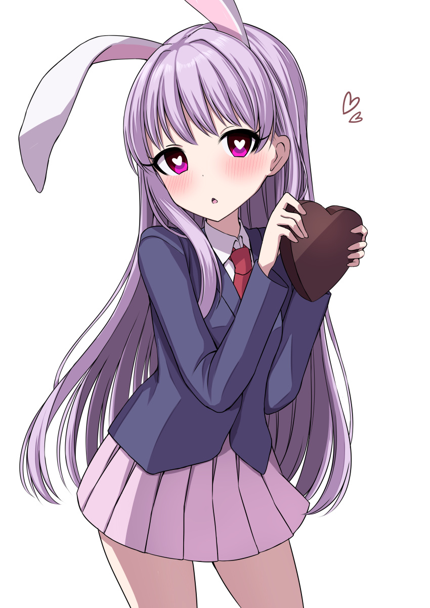 1girl absurdres animal_ears arms_up bangs blue_jacket blush bright_pupils bunny_ears chestnut_mouth chocolate chocolate_heart commentary_request contrapposto cowboy_shot head_tilt heart heart-shaped_pupils highres holding holding_chocolate jacket lavender_hair long_hair long_sleeves looking_at_viewer necktie pink_eyes pink_skirt pleated_skirt red_neckwear reisen_udongein_inaba simple_background skirt solo standing suit_jacket symbol-shaped_pupils touhou tsukimirin valentine very_long_hair white_background white_pupils