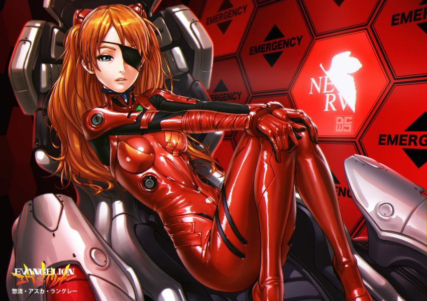 artist_name bangs blue_eyes bodysuit bracer breasts character_name cockpit commentary copyright_name dcwj english evangelion:_3.0_you_can_(not)_redo eyepatch feet_out_of_frame gloves glowing gradient half-closed_eyes hands_on_own_knees headgear highres holographic_monitor knees_together_feet_apart knees_up lips logo long_hair looking_at_viewer lying neon_genesis_evangelion nerv on_back one_eye_covered orange_hair outstretched_arms parted_bangs parted_lips pilot_suit plugsuit rebuild_of_evangelion reclining red_bodysuit shikinami_asuka_langley shiny shiny_clothes sitting skin_tight skinny small_breasts solo souryuu_asuka_langley tape turtleneck