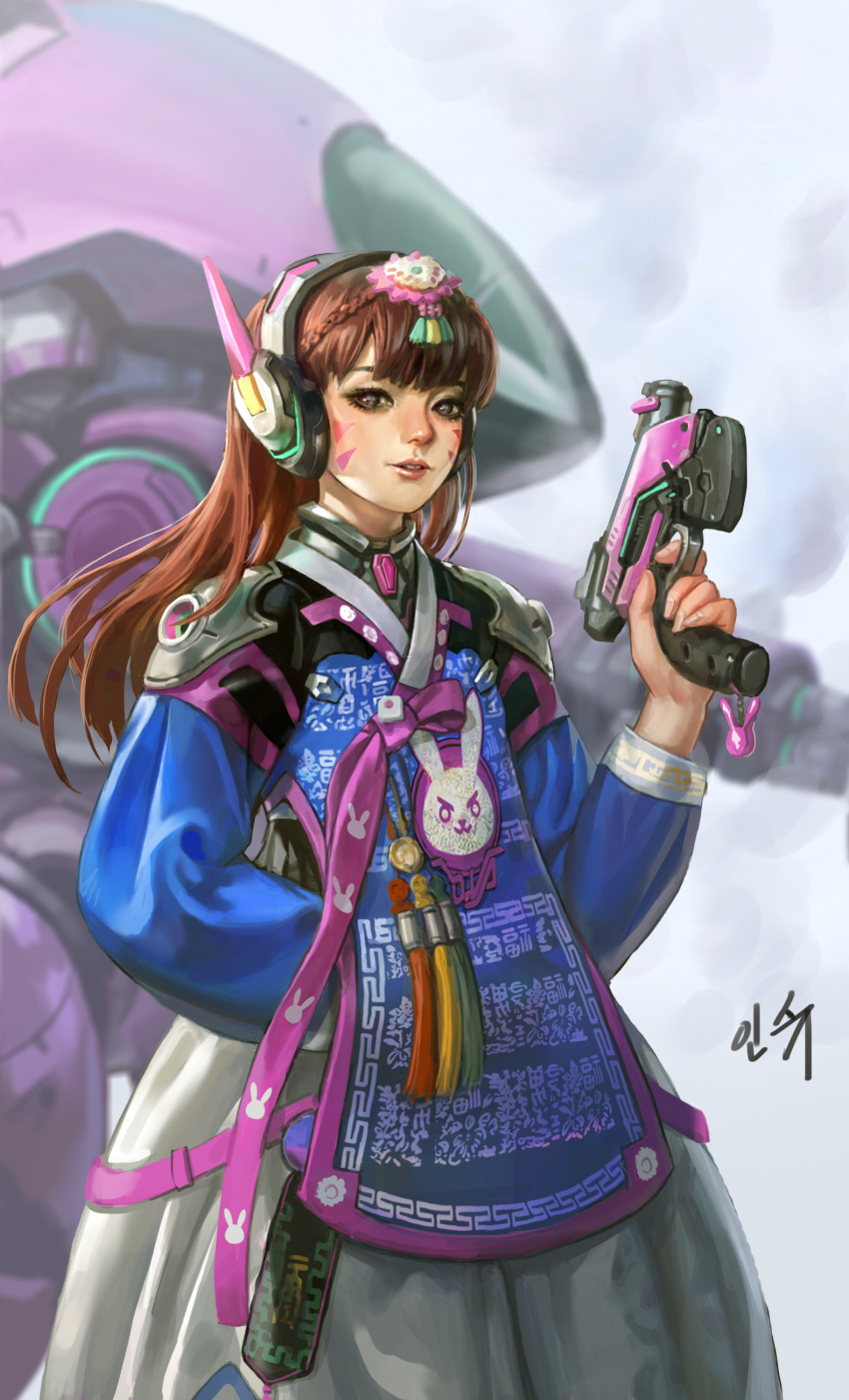 absurdres adapted_costume animal_print arm_cannon bangs bodysuit braid brown_eyes brown_hair bunny_print charm_(object) commentary cowboy_shot crown_braid d.va_(overwatch) eyelashes eyeliner eyeshadow facepaint facial_mark finger_on_trigger fingernails gatling_gun gun hair_ornament hair_stick hanbok hand_up handgun highres holding holding_gun holding_weapon korean_clothes light_smile lips lipstick long_fingernails long_hair looking_at_viewer makeup mascara mecha meka_(overwatch) nose overwatch palanquin_d.va parted_lips pauldrons pink_lips pink_lipstick ribbed_bodysuit shaonav shoulder_pads single_braid solo tassel weapon whisker_markings