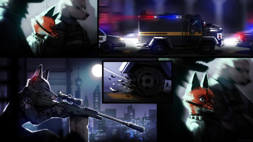 2018 canine detailed_background digital_media_(artwork) disney fox fur gun holding_object holding_weapon mammal muzzle_(disambiguation) neytirix nick_wilde orange_fur police ranged_weapon silencer vehicle weapon wolf zootopia