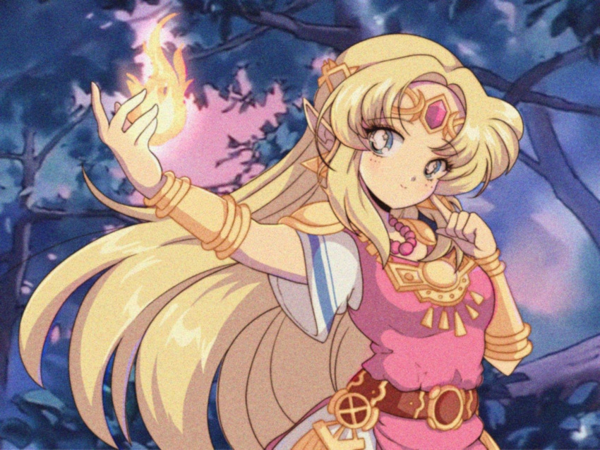 1girl 90s belt blonde_hair bracer commentary dress earrings english_commentary fire forehead_jewel forest highres jewelry komi_shou long_hair magic nature necklace nintendo oldschool parody pearl_necklace pink_dress pointy_ears princess_zelda sidelocks solo style_parody super_smash_bros. super_smash_bros._ultimate the_legend_of_zelda tiara triforce