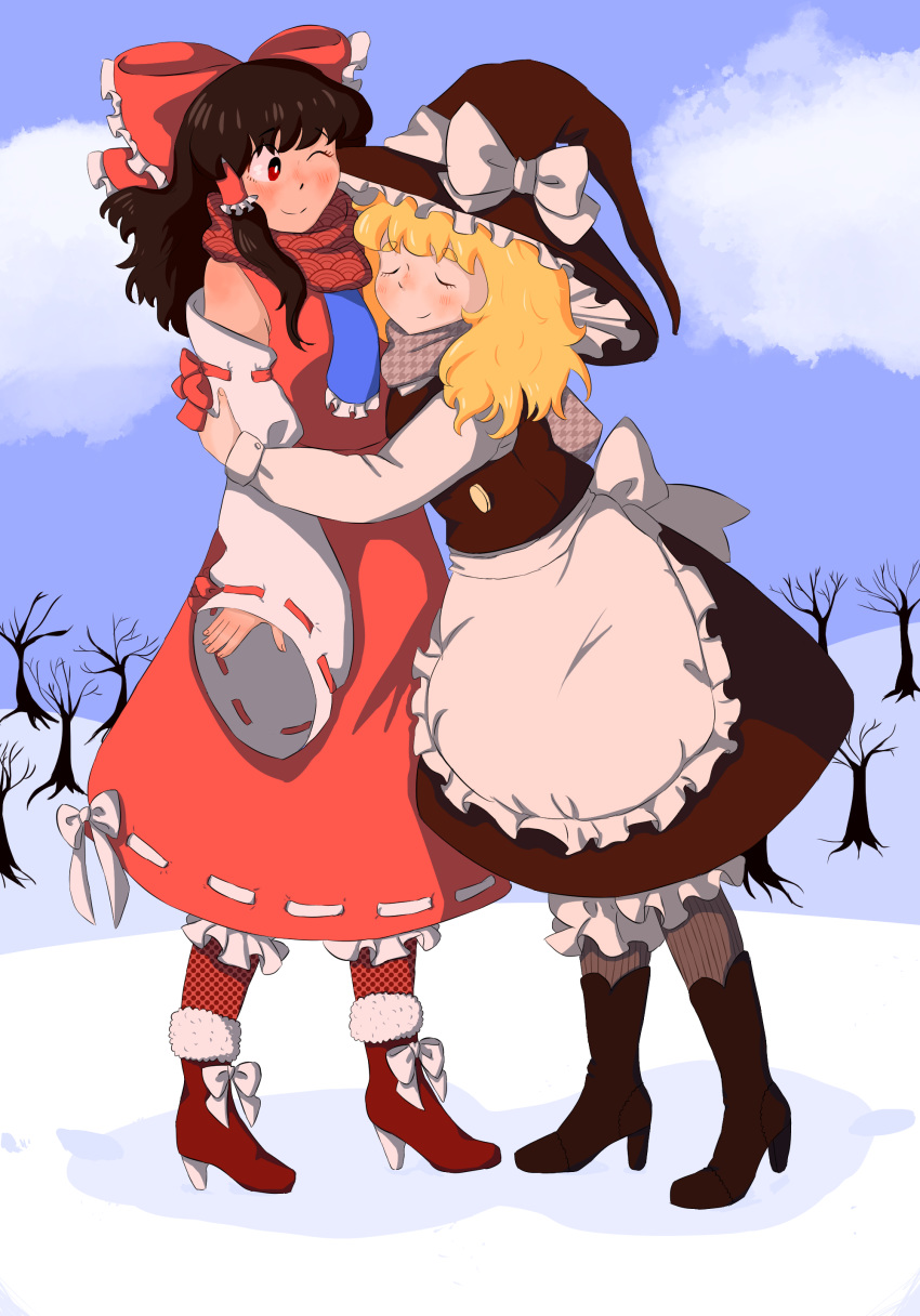 2girls absurdres ankle_boots bangs bare_shoulders bare_tree black_footwear black_hair blonde_hair bloomers blue_neckwear blush body_blush boot_bow boots bow breasts checkered checkered_legwear cloud daitoko detached_sleeves eyebrows_visible_through_hair eyes_closed fingernails full_body fur-trimmed_boots fur_trim hair_bow hair_ribbon hair_tubes hakurei_reimu hat hat_bow hat_ribbon height_difference high_heel_boots high_heels highres kirisame_marisa large_bow long_hair long_skirt long_sleeves looking_at_another medium_breasts medium_hair messy_hair multiple_girls one_eye_closed outdoors pantyhose pinstripe_legwear red_eyes red_footwear ribbon ribbon-trimmed_sleeves ribbon_trim scarf skirt skirt_set smile snow thick_eyebrows touhou tree underwear vest wavy_hair wide_sleeves witch_hat yuri