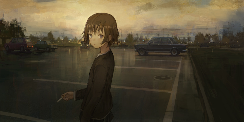 bangs brown_eyes brown_hair brown_jacket car cigarette cloud cloudy_sky commentary eyebrows_visible_through_hair ground_vehicle holding holding_cigarette jacket lada_(car) long_sleeves looking_at_viewer looking_to_the_side motor_vehicle original outdoors parking_lot parted_lips power_lines reflection shion_(mirudakemann) short_hair sky solo tree vehicle_request