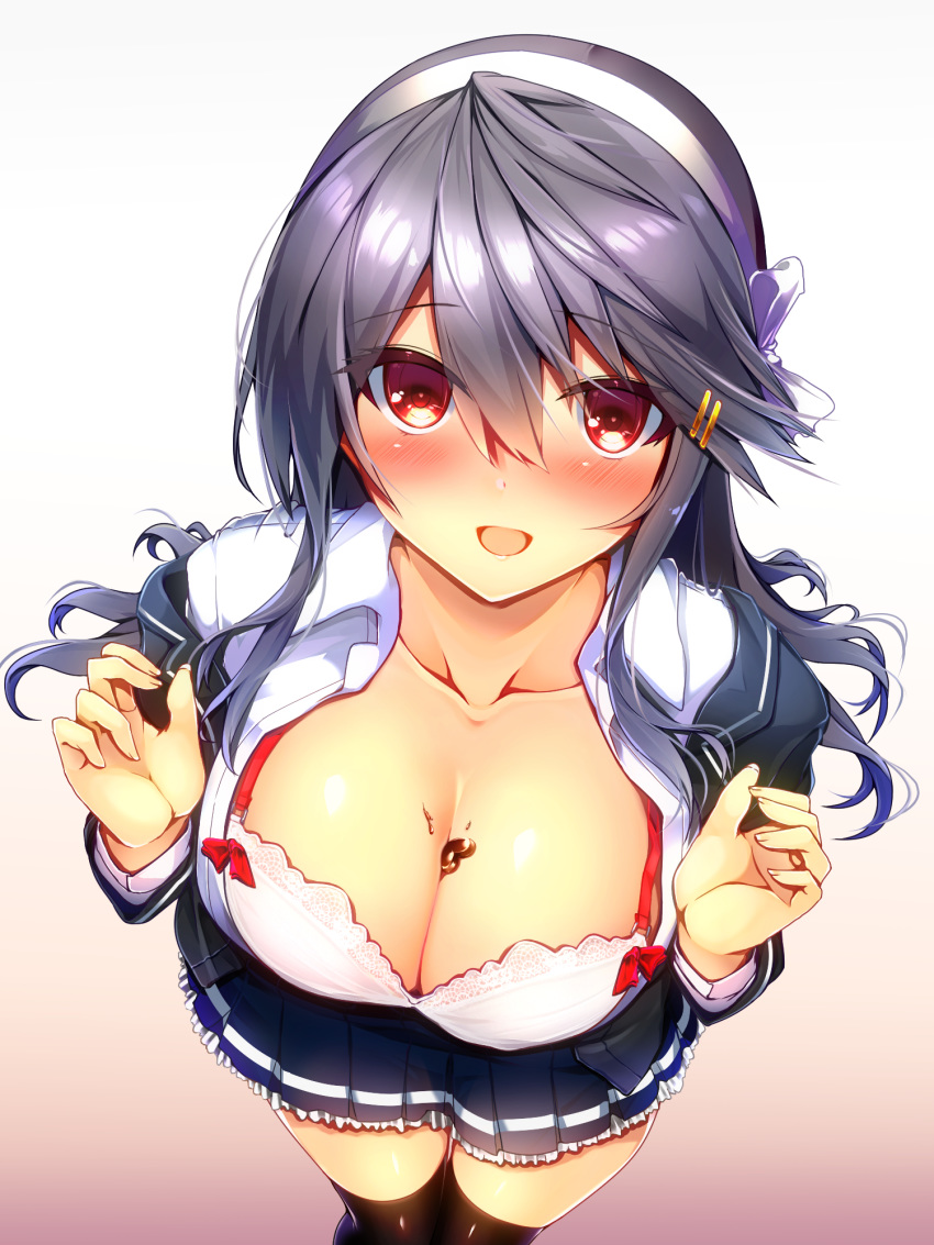 1girl bangs black_hair black_legwear blazer blue_skirt blush bra breasts chocolate cleavage collarbone collared_shirt eyes_closed gradient gradient_background grey_jacket hair_ornament hairband hands_up haruna_(kantai_collection) heart highres jacket kantai_collection lace lace-trimmed_bra large_breasts long_hair looking_at_viewer mouth_hold off_shoulder open_blazer open_clothes open_jacket open_mouth open_shirt petticoat pleated_skirt shirt sidelocks simple_background skirt solo spill swept_bangs taut_clothes taut_shirt thighs tsukui_kachou underwear valentine wardrobe_malfunction white_bra white_hairband white_shirt