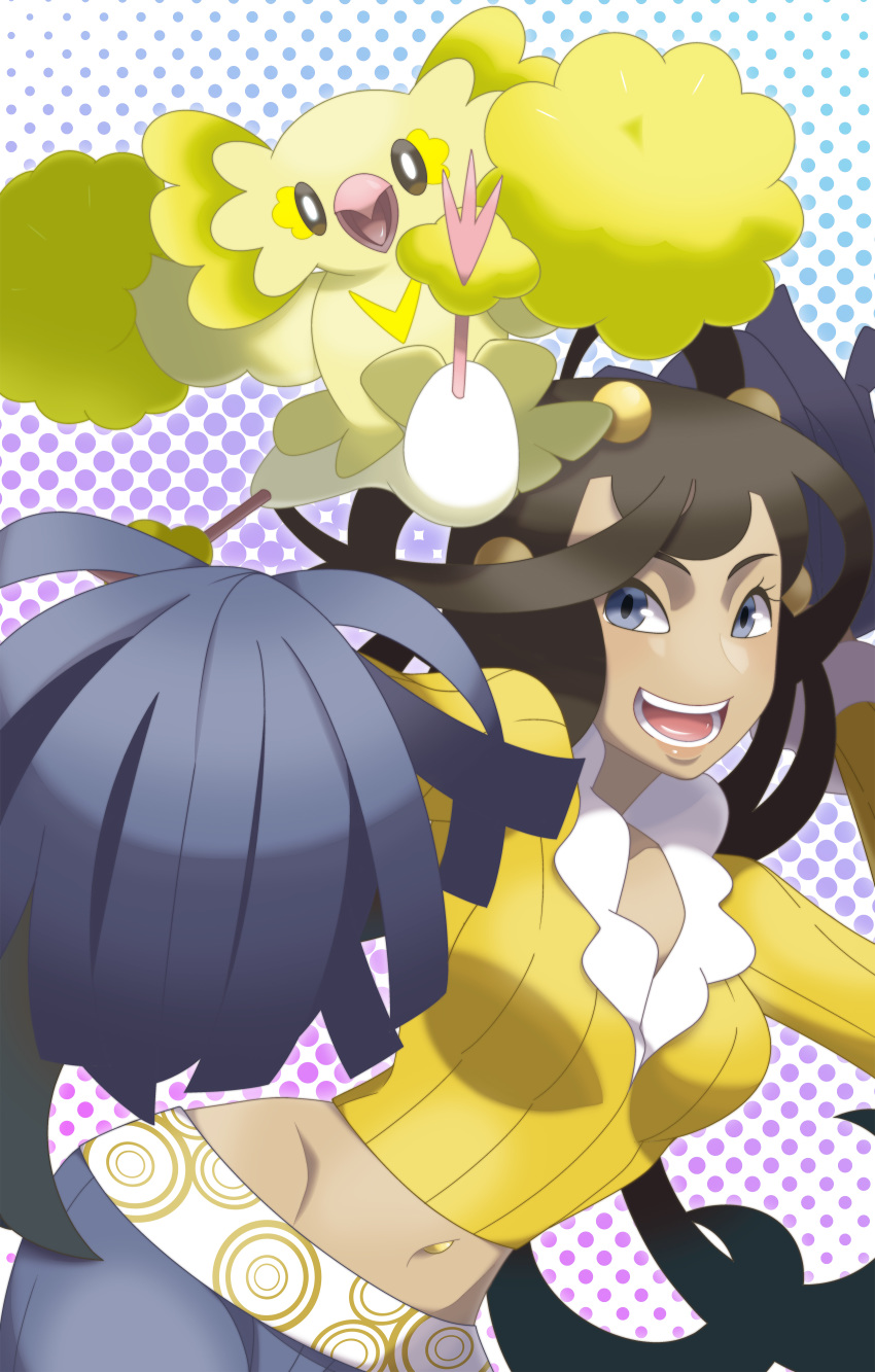 :d absurdres blue_eyes blue_pants breasts brown_hair crop_top dahlia_(pokemon) dark_skin eyebrows eyelashes frontier_brain gen_7_pokemon hair_ornament highres hip_bones holding long_hair long_sleeves lowleg lowleg_pants medium_breasts midoko navel navel_piercing open_mouth oricorio pants piercing pokemon pokemon_(creature) pokemon_(game) pokemon_dppt pokemon_platinum pom_poms ribbed_shirt shirt smile teeth very_long_hair yellow_shirt