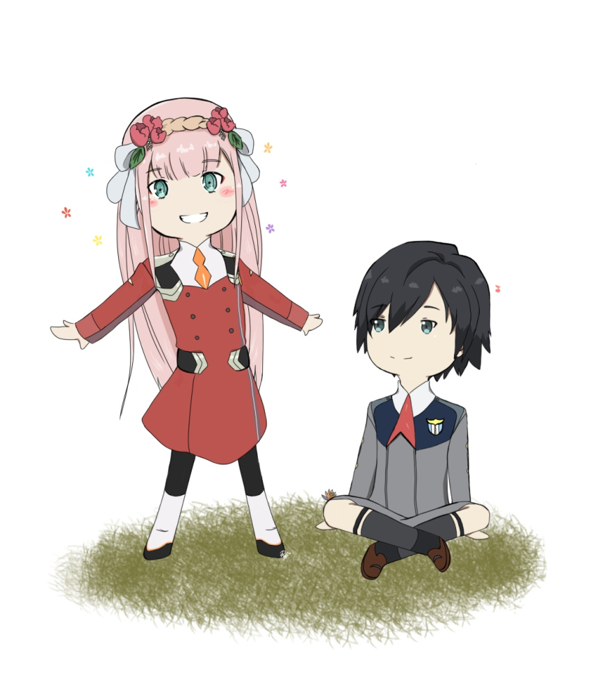 1boy 1girl bad_hands bad_proportions bangs black_hair black_legwear blue_eyes blush_stickers boots brown_footwear couple darling_in_the_franxx eyebrows_visible_through_hair flower fringe green_eyes hair_flower hair_ornament hetero hiro_(darling_in_the_franxx) horns legs_crossed long_hair long_sleeves looking_at_viewer military military_uniform necktie oni_horns orange_neckwear pantyhose pink_hair poorly_drawn red_horns red_neckwear shoes short_hair sitting socks uniform white_footwear zero_two_(darling_in_the_franxx)