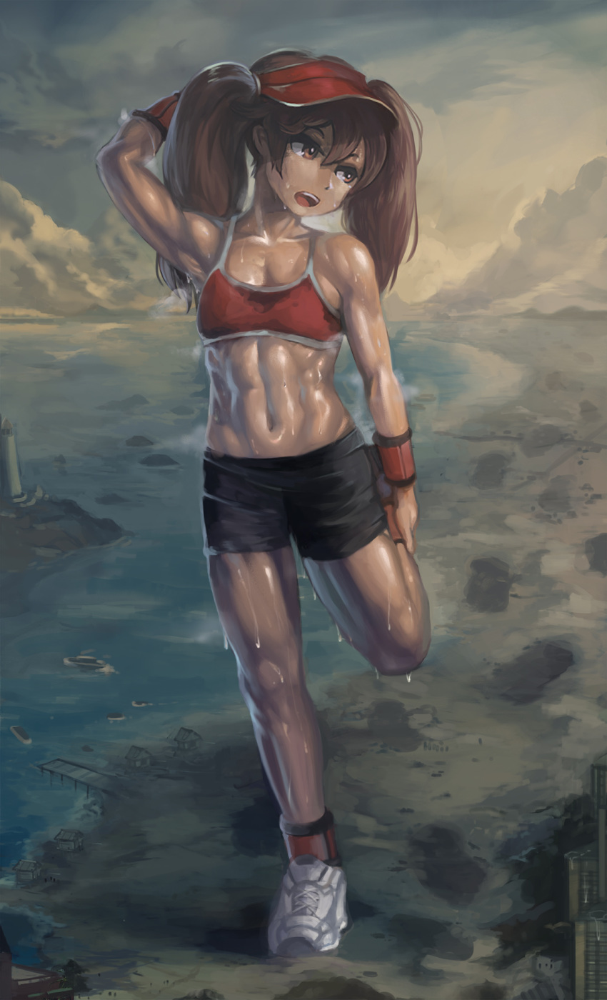 abs biceps bridge brown_eyes brown_hair building cloud collarbone footprints full_body giantess highres house kantai_collection lighthouse muscle muscular_female ocean open_mouth ryuujou_(kantai_collection) shoes short_shorts shorts sky sneakers solo sports_bra stretch sweat twintails visor_cap wristband yilx