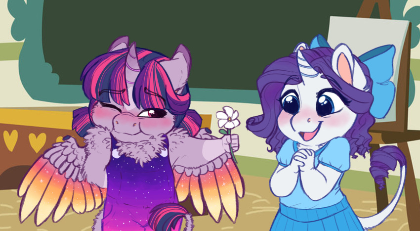 2018 anthro blue_eyes clothed clothing digital_media_(artwork) duo earthsong9405 equine female friendship_is_magic hair horn mammal my_little_pony purple_hair rarity_(mlp) smile twilight_sparkle_(mlp) unicorn winged_unicorn wings young