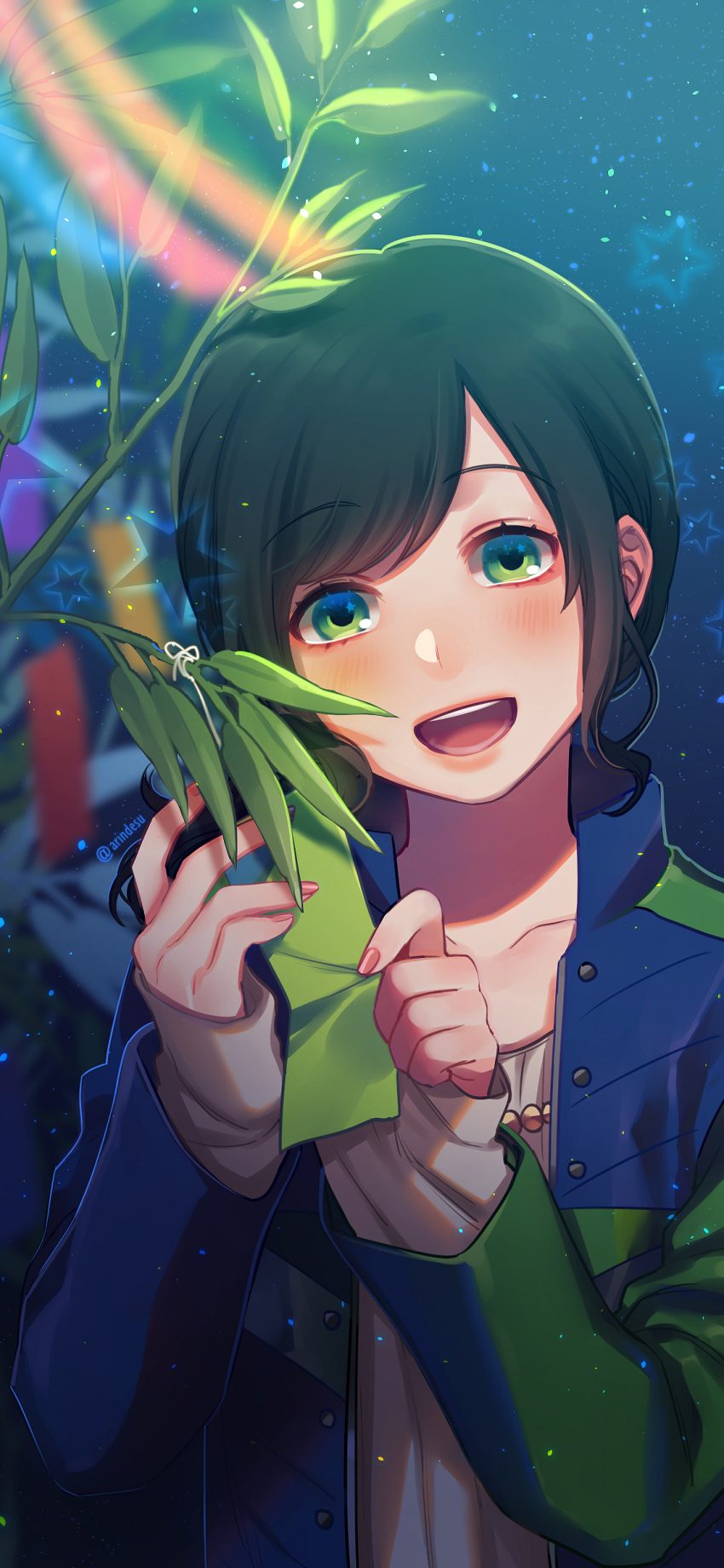 absurdres collarbone green_eyes green_hair hammie_(uchuu_sentai_kyuuranger) highres jacket lips nail_polish open_mouth pink_nails plant rin2010 sleeves_past_wrists smile solo star super_sentai twitter_username uchuu_sentai_kyuuranger upper_body