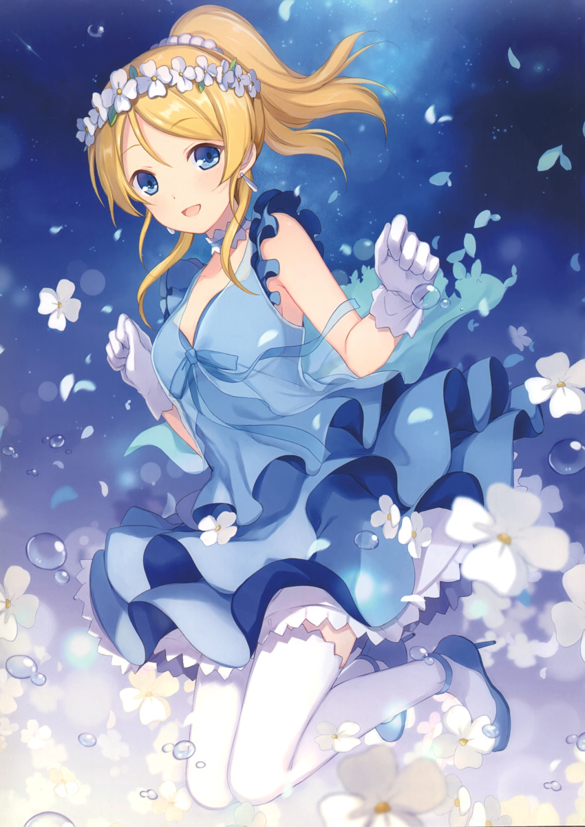 6u_(eternal_land) :d absurdres ayase_eli bangs bare_shoulders blonde_hair blue_dress blue_eyes breasts bubble choker collarbone dress earrings eyebrows_visible_through_hair full_body gloves gradient hair_ornament head_wreath high_heels highres jewelry long_hair looking_at_viewer love_live! love_live!_school_idol_project medium_breasts open_mouth petals ponytail scan sleeveless smile solo thighhighs white_gloves white_legwear yume_no_tobira