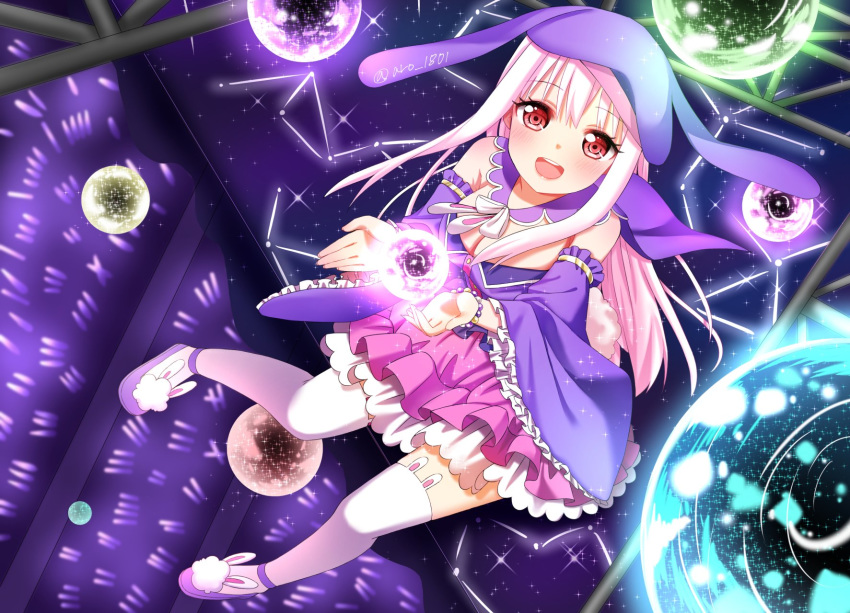 :d animal_band_legwear animal_hat animal_slippers aro_1801 bangs blush bracelet breasts bunny_band_legwear bunny_hat bunny_slippers bunny_tail cleavage commentary_request constellation cupping_hands detached_sleeves dress dutch_angle eyebrows_visible_through_hair frilled_sleeves frills hat highres idol jewelry long_hair looking_at_viewer medium_breasts open_mouth orb original purple_hat red_eyes round_teeth scaffolding sky smile solo sphere standing star_(sky) starry_sky tail teeth thighhighs upper_teeth white_hair white_legwear wide_sleeves