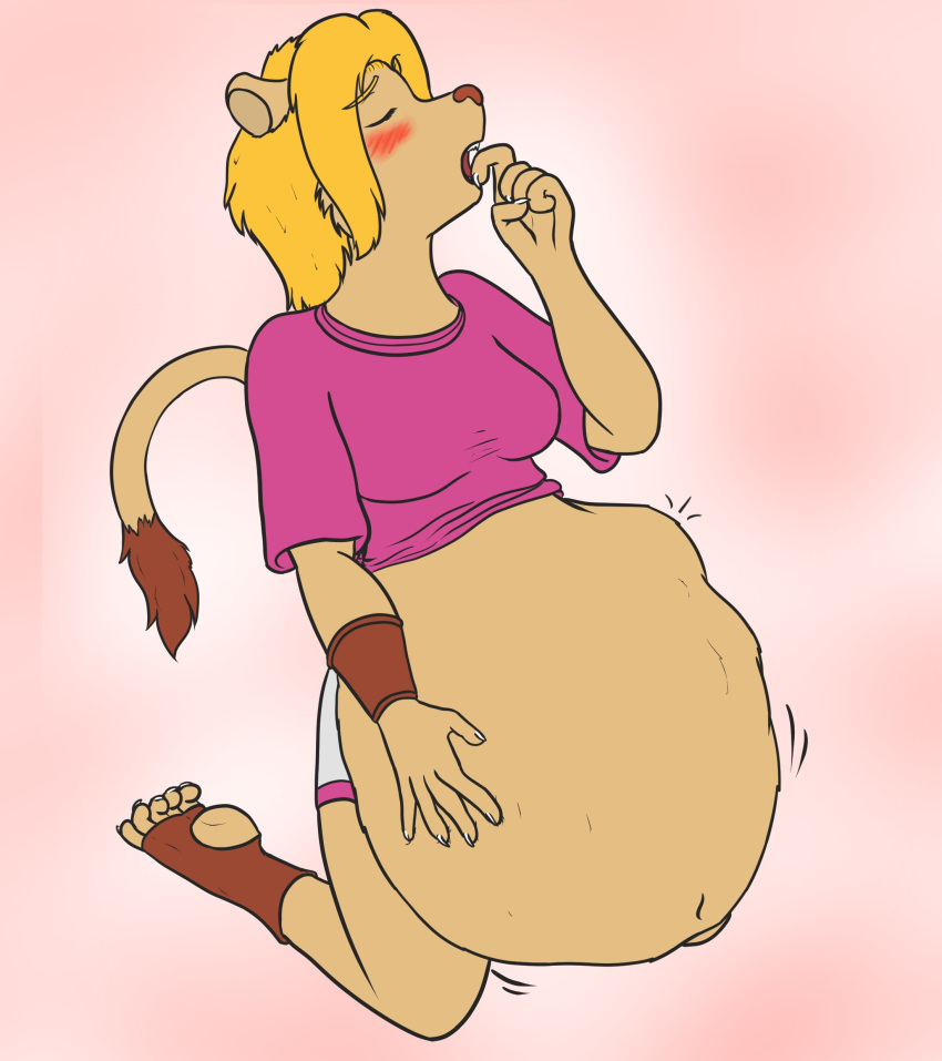 2019 5_fingers 5_toes abdominal_bulge anthro belly big_belly blush breasts clothed clothing damienfox digital_media_(artwork) feet feline female footwear hair hi_res humanoid_feet humanoid_hands kneeling lion mammal navel open_mouth oral_vore pantherine simple_background soft_vore solo teeth toes unseen_character vore