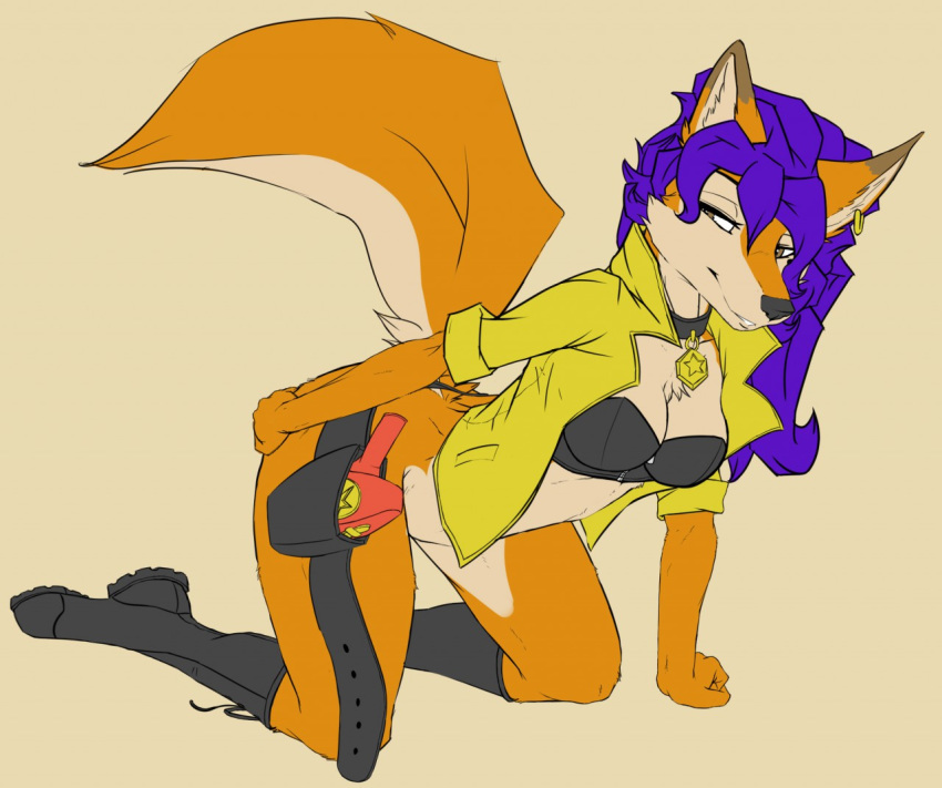 bottomless canine carmelita_fox clothed clothing female fox ibengmainee kneeling mammal partially_clothed simple_background sly_cooper_(series) video_games