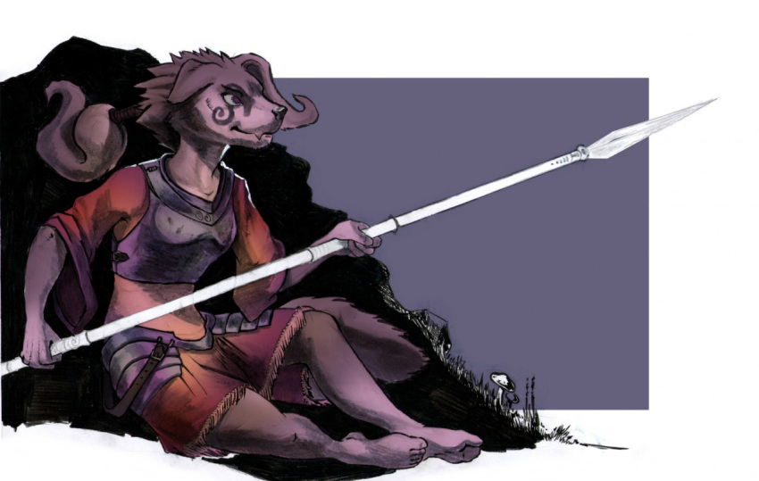 2018 5_fingers 5_toes anthro armor barefoot breasts canine clothed clothing feet female fur hair holding_object holding_weapon mammal melee_weapon polearm purple_fur ragdishnak smile solo spear toes traditional_media_(artwork) weapon wolf