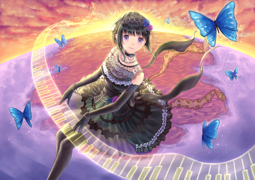 absurdres bang_dream! bangs black_choker black_dress black_gloves black_legwear blue_butterfly blue_flower blue_rose bracelet bug butterfly choker dress dusk elbow_gloves floating flower frilled_dress frills gloves hair_bun hair_flower hair_ornament hair_up hairband highres insect instrument jewelry lace lolita_hairband music necklace pantyhose parted_lips pearl_necklace piano_keys planet playing_instrument purple_eyes purple_flower purple_rose ribbon-trimmed_dress rose sash shirokane_rinko sidelocks smile solo tobychou