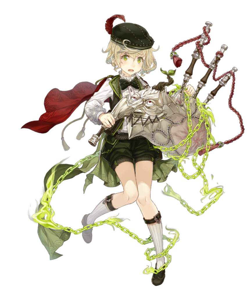 bagpipes beret blonde_hair capelet chain full_body green_eyes hat highres instrument ji_no long_nose looking_at_viewer male_focus official_art otoko_no_ko pinocchio_(sinoalice) shorts sinoalice socks solo stitched_mouth stitches transparent_background veins