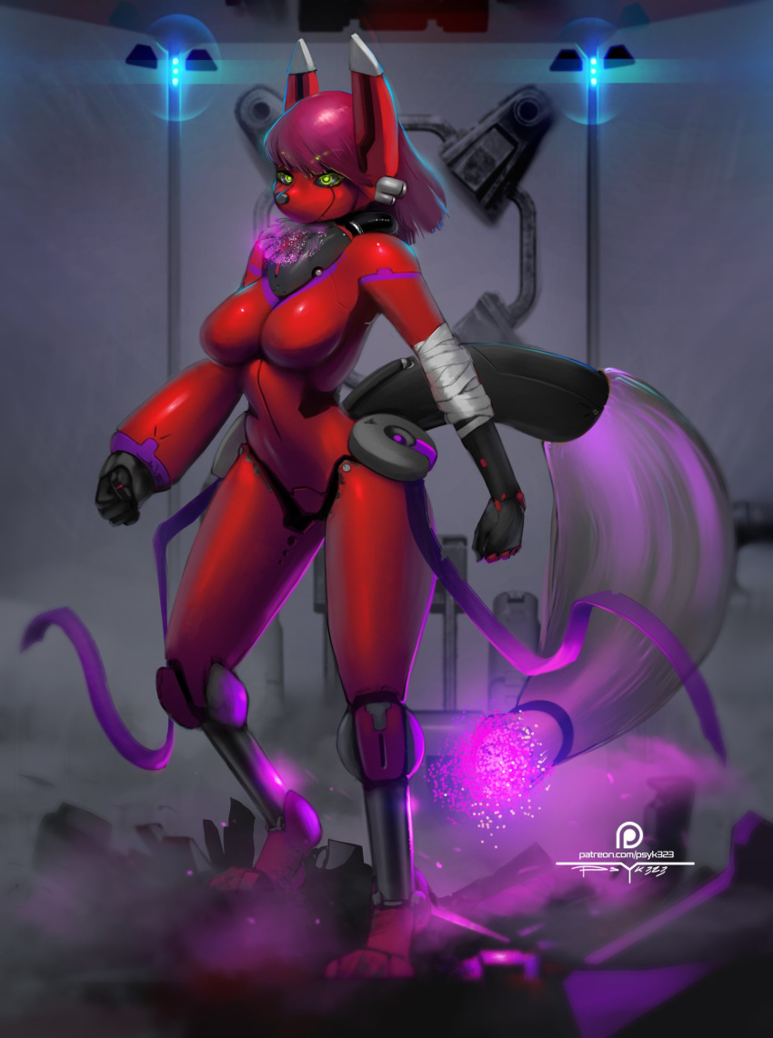 4_toes 5_fingers anthro big_tail black_nose black_sclera breasts canine detailed_background featureless_breasts featureless_crotch female fox front_view full-length_portrait hair hi_res humanoid_hands long_ears long_tail machine mammal multicolored_skin nude pink_hair portrait psyk323 purple_tail red_skin robot short_hair solo toes wrappings yellow_eyes