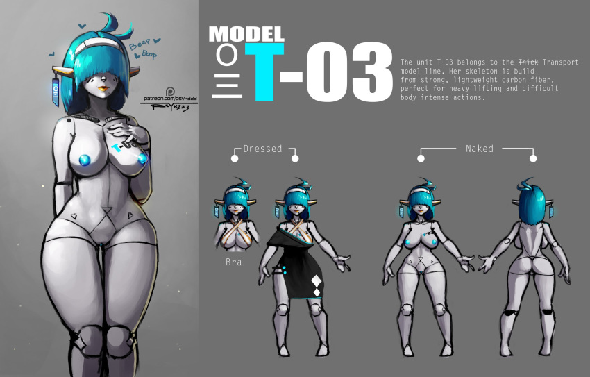 &lt;3 ahoge android beauty_mark black_clothing blue_hair blue_nipples body_writing breasts cleavage clothed clothing dress ear_piercing elf english_text female front_view glowing glowing_nipples gradient_background grey_background hair hair_over_eyes hi_res humanoid humanoid_hands light_skin lipstick machine makeup model_sheet nipples not_furry nude off/on pale_skin piercing psyk323 pussy robot simple_background t-03 text white_skin