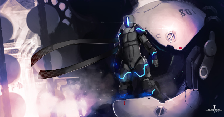 1_eye absurd_res armor black_skin blue_eyes dark_skin detailed_background english_text front_view glowing glowing_eyes hi_res humanoid machine not_furry psyk323 robot scarf shoulder_pads solo text vertical_bar_eyes