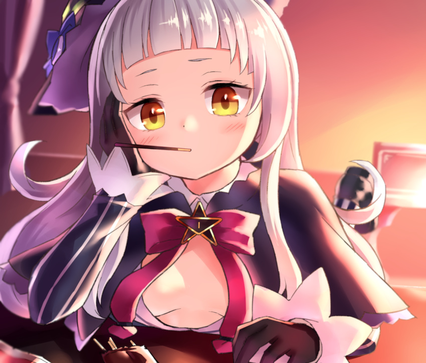 bangs blunt_bangs blurry bow breasts cleavage cleavage_cutout commentary_request depth_of_field food gloves hat hololive leaning_forward long_hair long_sleeves looking_at_viewer mouth_hold murasaki_shion neit_ni_sei pocky sidelocks small_breasts solo star virtual_youtuber yellow_eyes