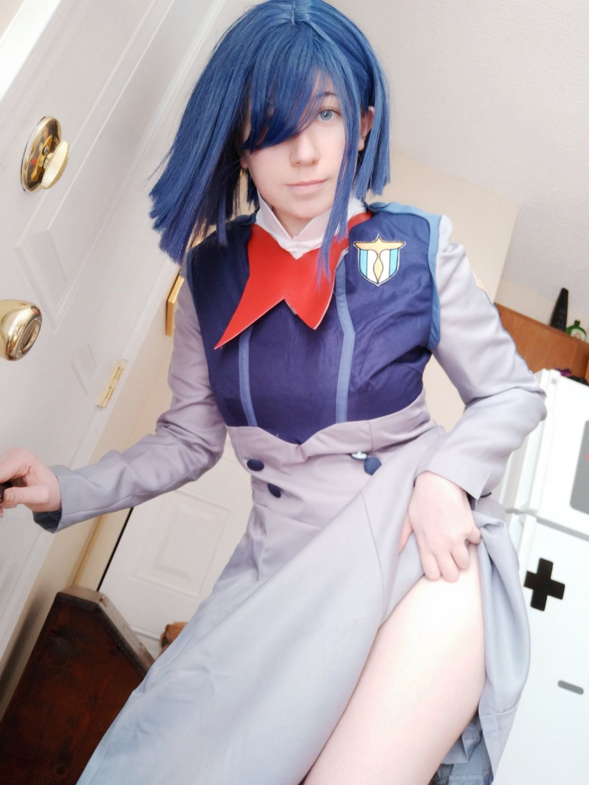 1girl blue_hair cosplay darling_in_the_franxx ichigo_(darling_in_the_franxx) legs photo solo standing usatame