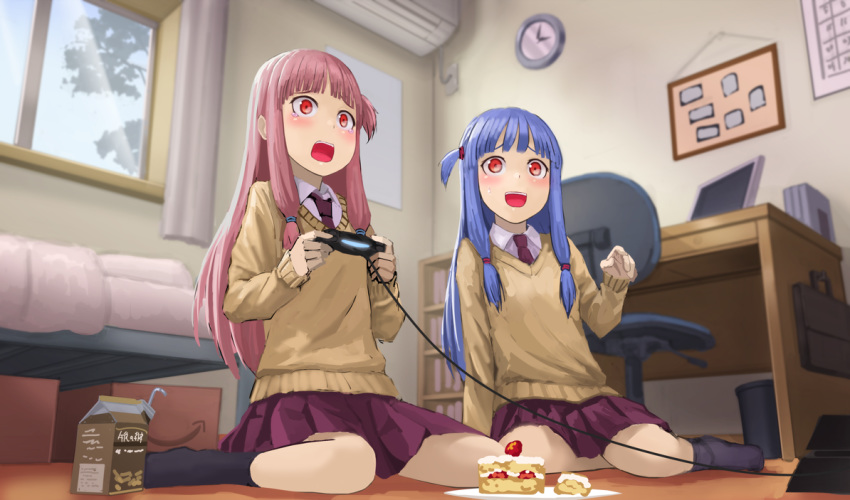 :d air_conditioner amazon_(company) bag bangs bed bedroom black_legwear blue_hair blunt_bangs blush bookshelf box cake calendar_(object) cardboard_box cardigan chair clock collared_shirt computer curtains d: desk drink food from_below fruit furrowed_eyebrows game_console hand_up holding indoors kotonoha_akane kotonoha_aoi kurione_(zassou) light_rays long_hair long_sleeves miniskirt monitor multiple_girls necktie office_chair one_side_up open_mouth pink_hair plate playing_games playstation_4 playstation_controller pleated_skirt purple_neckwear purple_skirt red_eyes school_bag school_uniform shirt siblings sidelocks sisters sitting skirt sleeves_past_wrists smile socks straight_hair strawberry sweatdrop tearing_up teeth tree voiceroid wall_clock wariza white_shirt window yokozuwari