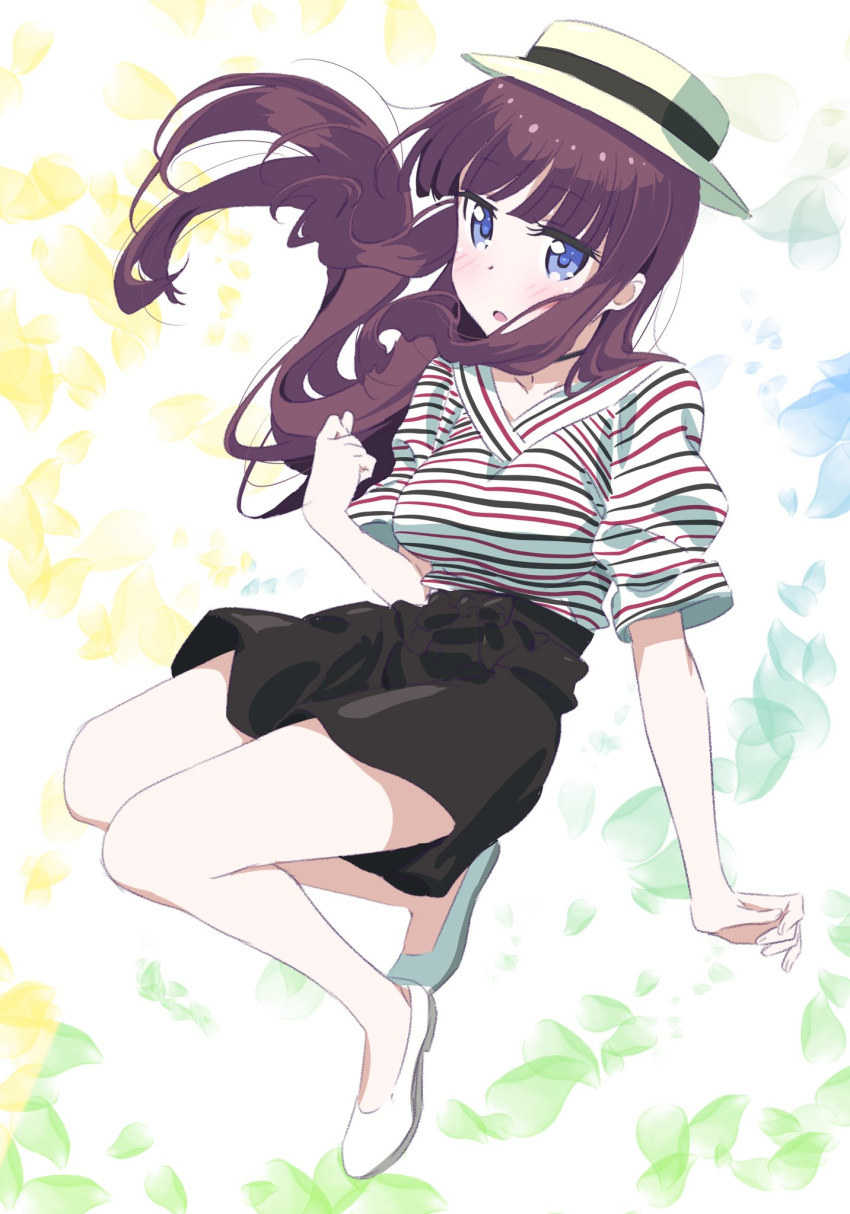 :o black_skirt blouse breasts brown_hair commentary_request eyebrows_visible_through_hair floating_hair full_body hat highres large_breasts long_hair looking_at_viewer multicolored multicolored_background new_game! parted_lips pink_x purple_eyes shoes short_sleeves skirt solo takimoto_hifumi white_footwear