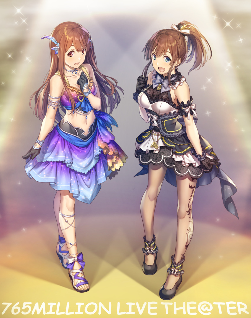 absurdres black_gloves blue_eyes blush breasts brown_eyes brown_hair commentary_request copyright_name dress feathers full_body gloves hair_feathers hairband highres idolmaster idolmaster_million_live! jewelry long_hair looking_at_viewer medium_breasts midriff multiple_girls nanaran navel open_mouth pantyhose ponytail satake_minako smile tanaka_kotoha