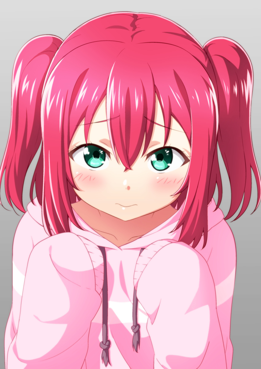 3: aqua_eyes bangs blush collarbone commentary_request drawstring eyebrows_visible_through_hair grey_background hair_between_eyes highres hood hood_down hoodie kurosawa_ruby looking_at_viewer looking_up love_live! love_live!_sunshine!! omaehadareda-uso pink_hoodie pursed_lips sidelocks sleeves_past_wrists solo two_side_up upper_body