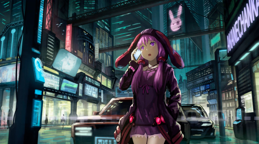 animal_hood blurry bunny_hood car cellphone city cowboy_shot criss-cross_halter dark depth_of_field dress ground_vehicle halterneck hand_in_pocket highres hood hooded_jacket jacket kizuna_akari kotonoha_akane kotonoha_aoi kurione_(zassou) looking_to_the_side motor_vehicle night outdoors phone purple_dress purple_eyes purple_hair road short_hair_with_long_locks sign silhouette smartphone street talking_on_phone vocaloid voiceroid walking yuzuki_yukari