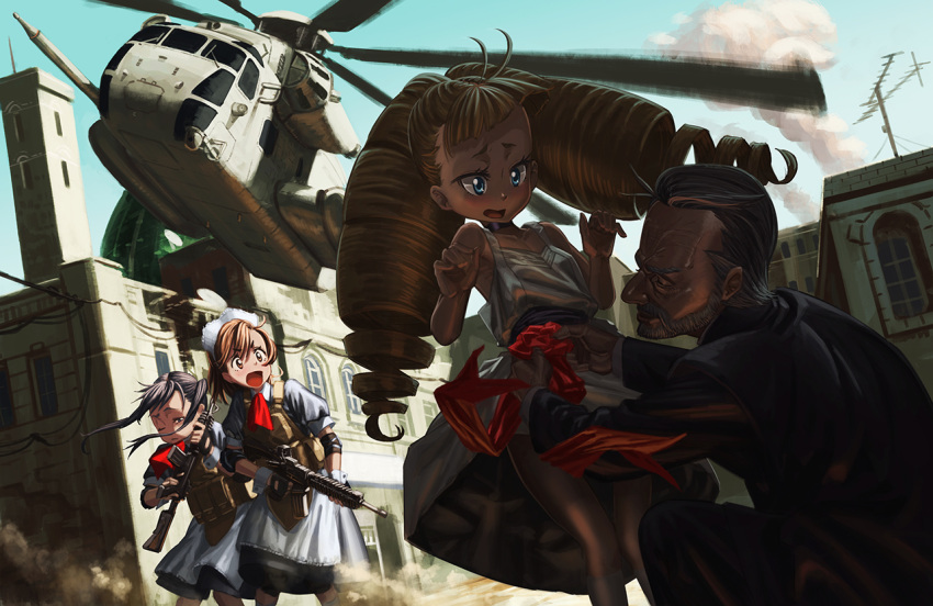 3girls ahoge aircraft apron armpits ascot assault_rifle beard black_hair blonde_hair blue_eyes brown_eyes brown_hair butler ch-53 child city closed_eyes commentary dress drill_hair dust dutch_angle elbow_pads facial_hair flat_chest formal gun helicopter hironii_(hirofactory) kneeling load_bearing_vest long_hair looking_to_the_side m4_carbine maid maid_apron maid_headdress military mk_18_carbine mosque multiple_girls neck_ribbon old_man one_eye_closed open_mouth original radio_antenna ribbon rifle scar shade skirt skirt_lift sleeveless sleeveless_dress smoke suit sundress twin_drills twintails war weapon white_dress wind wrist_cuffs