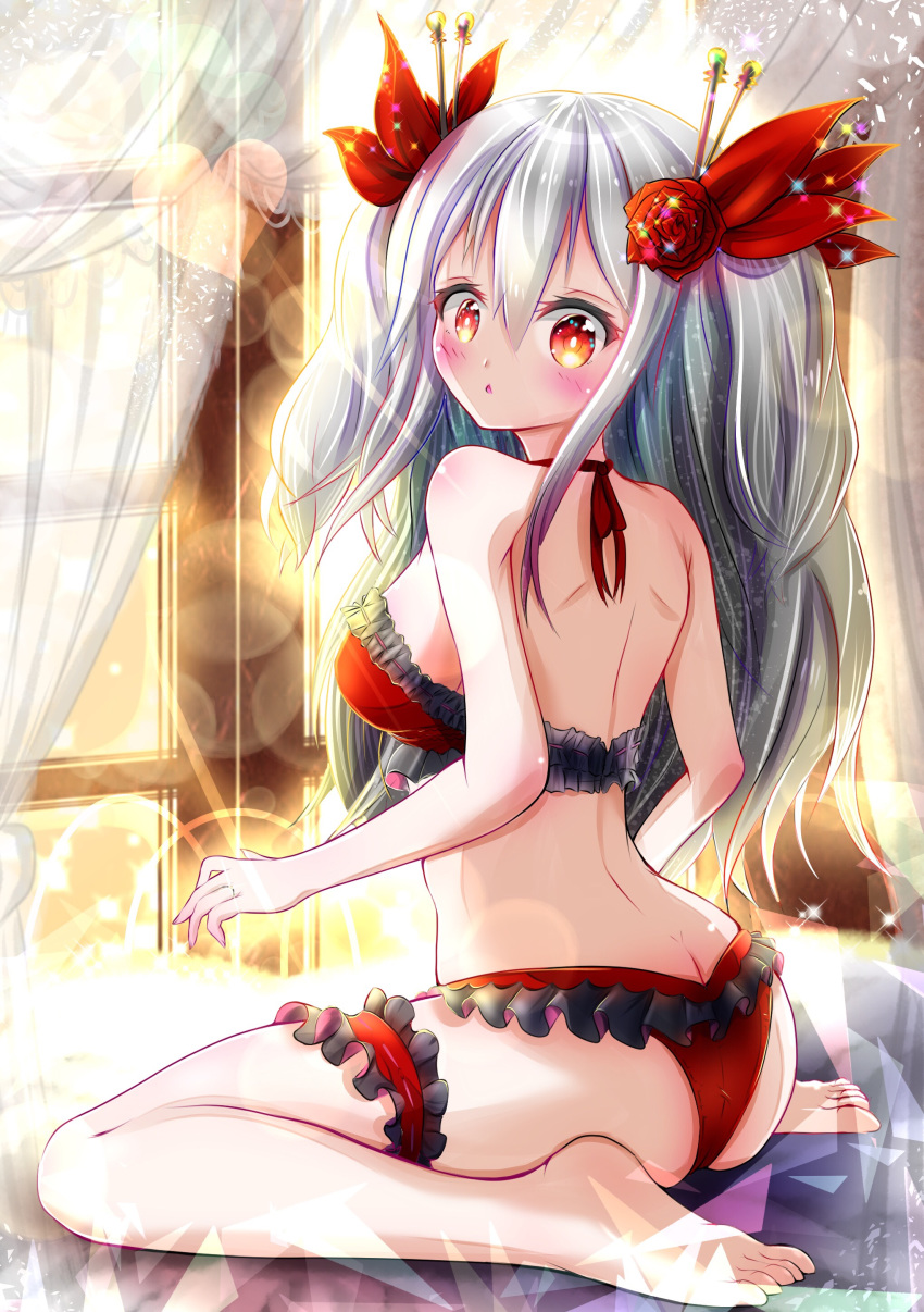 absurdres ass azur_lane bangs bare_arms bare_shoulders barefoot blush bra breasts butt_crack commentary_request curtains day emurume eyebrows_visible_through_hair fingernails flower frilled_bra frilled_panties frills glint hair_between_eyes hair_flower hair_ornament hair_ribbon halter_top halterneck heart highres indoors jewelry leg_garter long_hair looking_at_viewer looking_back medium_breasts panties red_bra red_eyes red_flower red_panties red_ribbon red_rose ribbon ring rose shiny shiny_hair shiny_skin shoulder_blades silver_hair soles solo sparkle sunlight transparent underwear underwear_only vampire_(azur_lane) very_long_hair wedding_ring window