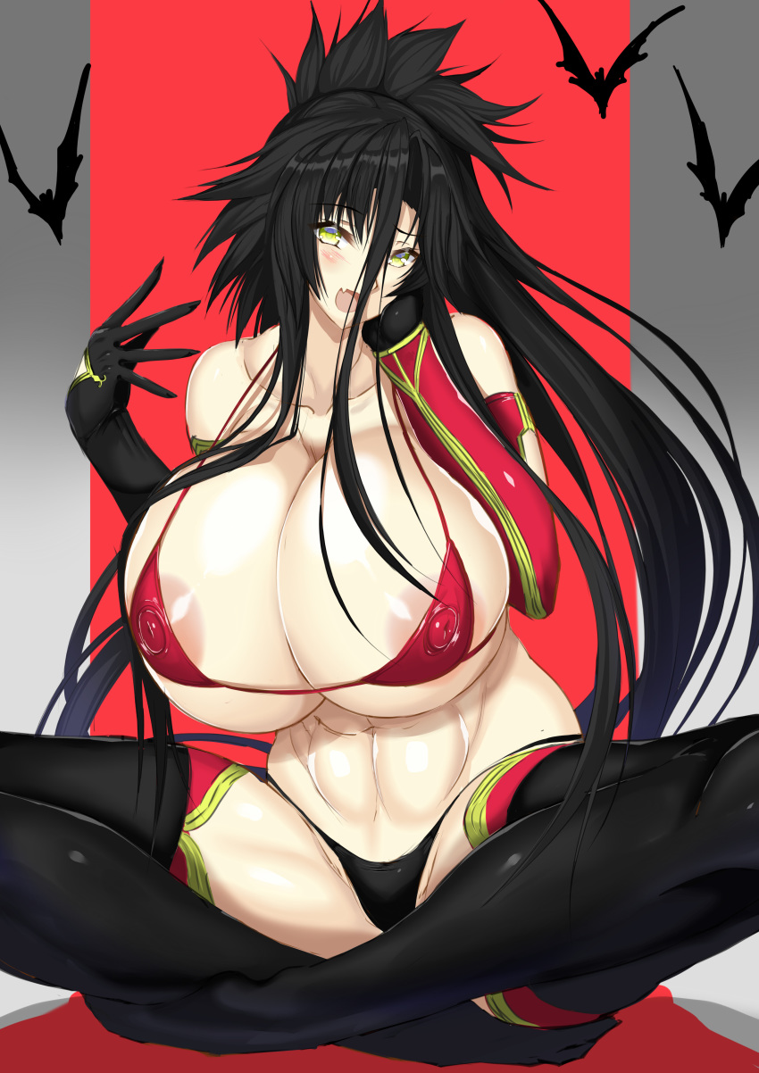 abs absurdres bikini black_hair breasts cleavage highres huge_breasts ill long_hair muscle muscular_female original smile solo swimsuit very_long_hair yellow_eyes