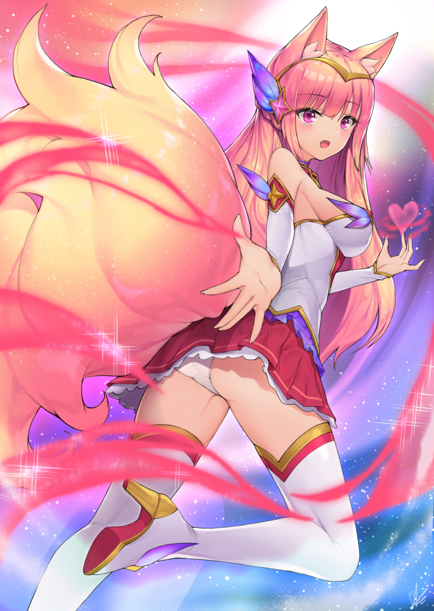 :d ahri animal_ears ass bad_id bad_pixiv_id bangs blonde_hair boots breasts commentary detached_sleeves eyebrows_visible_through_hair fang fingernails fox_ears fox_girl fox_tail hair_between_eyes hair_ornament heart high_heel_boots high_heels highres kumiho large_breasts league_of_legends lee_seok_ho long_hair long_sleeves open_mouth panties pleated_skirt purple_eyes red_skirt shirt skirt smile solo sparkle standing standing_on_one_leg star_guardian_ahri tail thigh_boots thighhighs underwear very_long_hair white_footwear white_legwear white_panties white_shirt
