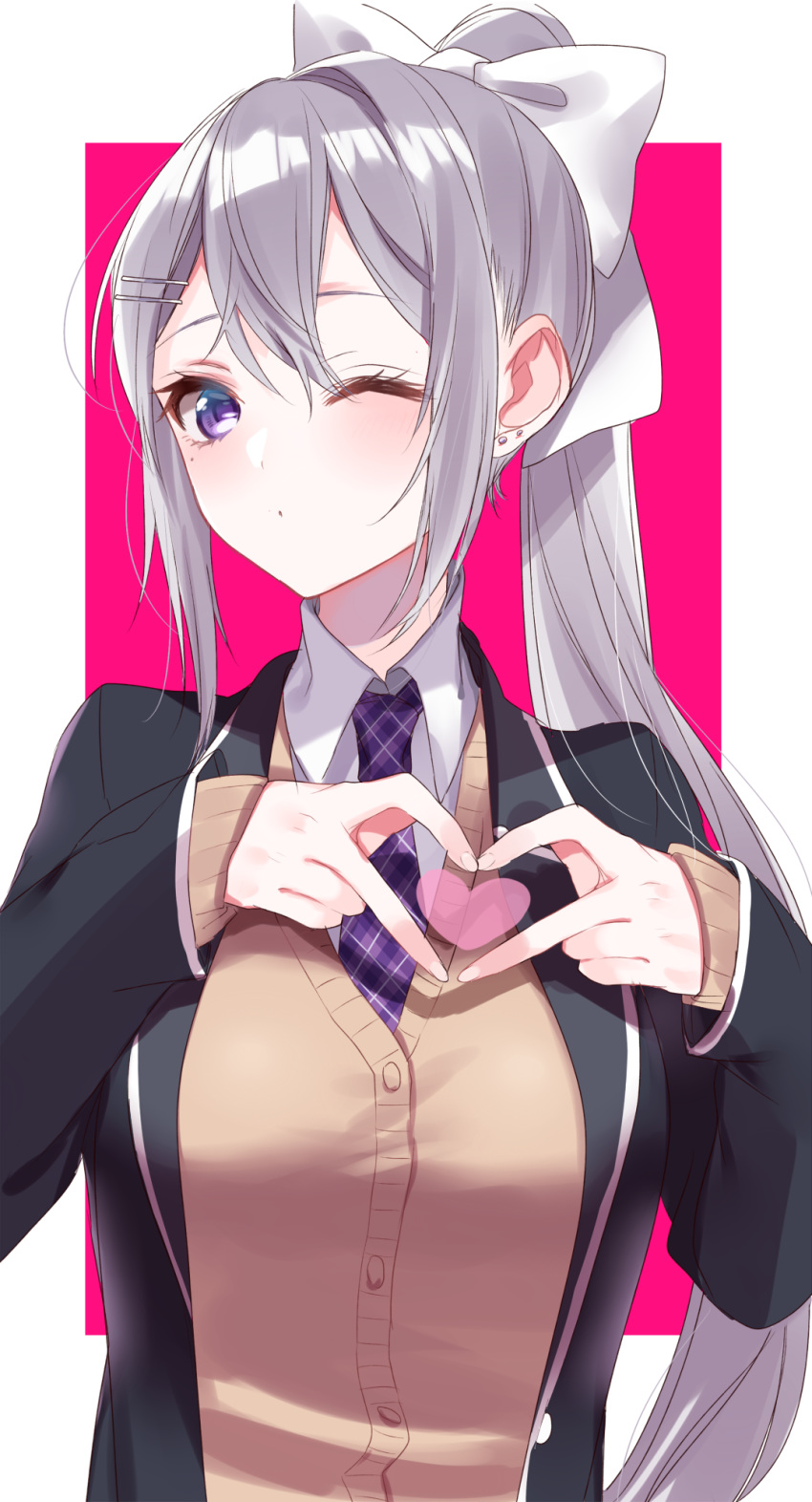 bangs black_jacket blazer blush bow breasts brown_cardigan cardigan closed_mouth collared_shirt earrings hair_between_eyes hair_bow hair_ornament hairclip hands_up heart heart_hands high_ponytail highres higuchi_kaede jacket jewelry long_hair long_sleeves looking_at_viewer medium_breasts misumi_(macaroni) mole mole_under_eye necktie nijisanji one_eye_closed open_blazer open_clothes open_jacket pink_background plaid_neckwear ponytail purple_eyes purple_neckwear school_uniform shirt sidelocks silver_hair sleeves_past_wrists solo two-tone_background upper_body very_long_hair virtual_youtuber white_background white_bow white_shirt