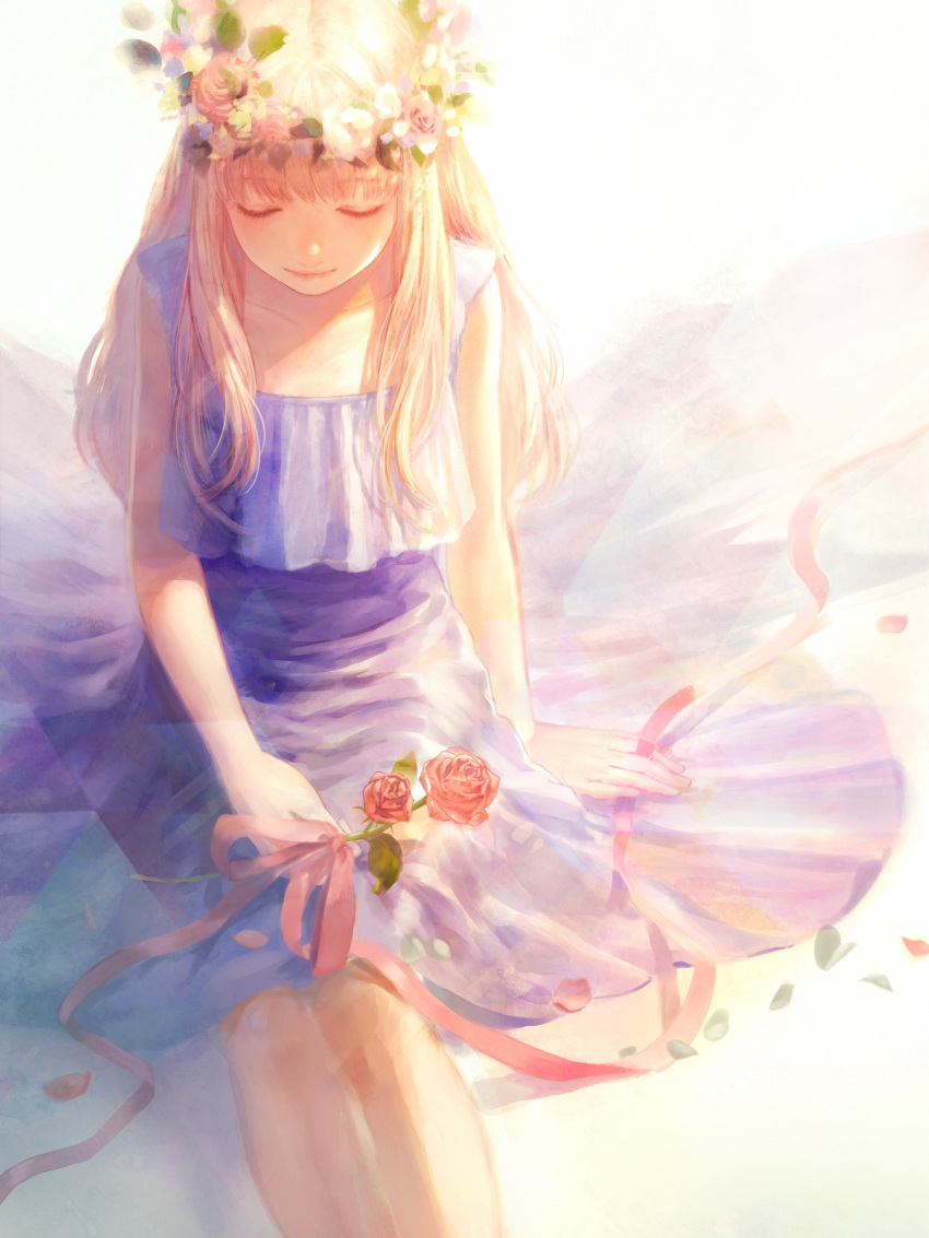 blonde_hair closed_eyes commentary dress english_commentary eyebrows_visible_through_hair facing_viewer feet_out_of_frame flower head_wreath highres leaf long_hair original petals purple_dress red_flower red_rose romiy rose sitting smile solo