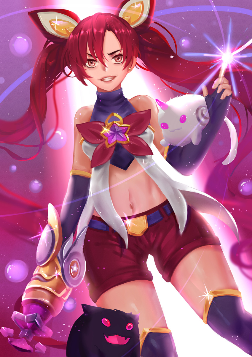 1girl alternate_costume alternate_hair_color alternate_hairstyle bare_shoulders belt black_gloves black_legwear elbow_gloves fingerless_gloves gloves hair_ornament jinx_(league_of_legends) league_of_legends lipstick long_hair magical_girl red_bow red_eyes red_hair red_lips red_neckwear short_shorts shorts solo star_guardian_jinx thighhighs tied_hair twintails very_long_hair