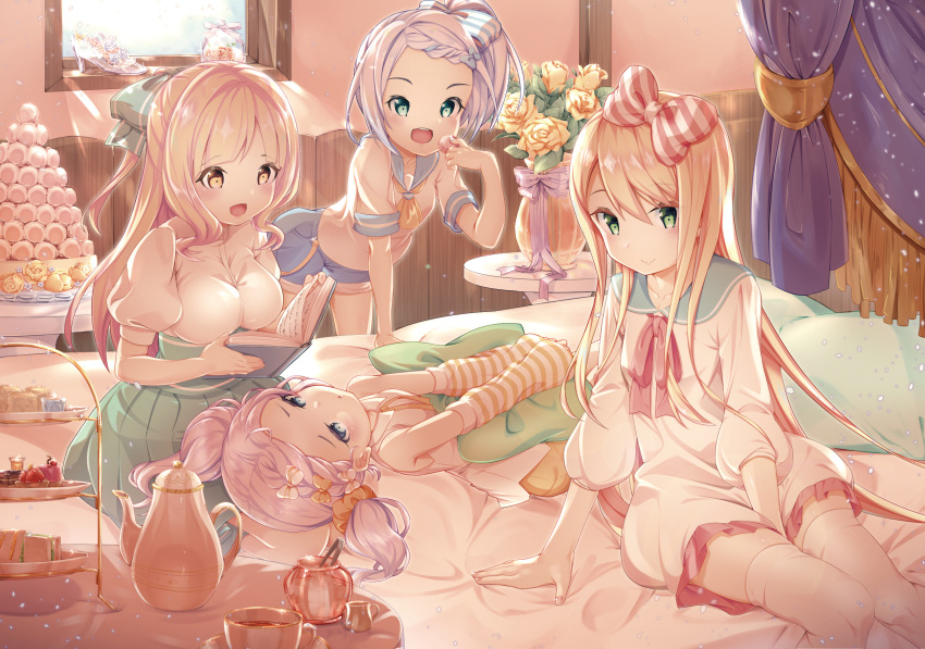 :d :o arm_warmers blonde_hair blue_eyes book bow breasts brown_eyes flat_chest flower food glass_slipper green_eyes green_skirt hair_bow highres indoors leaning_forward long_hair lying macaron medium_breasts multiple_girls on_back on_bed open_mouth original pillow pink_hair school_uniform shoes_removed short_ponytail short_twintails skirt smile standing striped striped_bow teapot thiana0225 thighhighs tiered_tray twintails vase white_legwear window